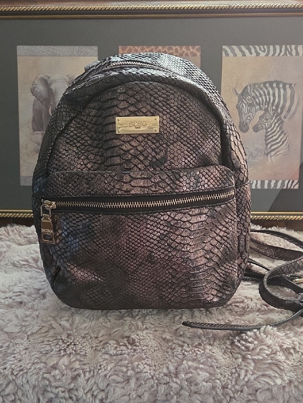 BCBG Metallic Snake-Embossed Black Backpack